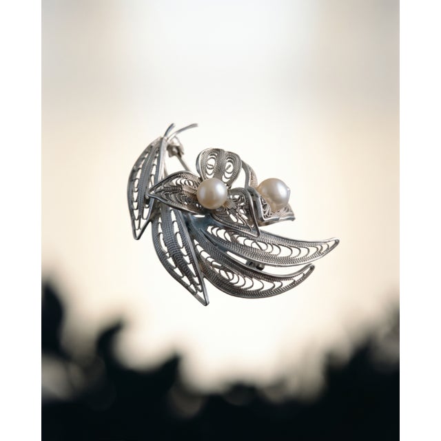 Mid-Century Sterling Silver Filigree & Japanese Pearls Flower Spray Brooch / Pin For Sale In Seattle - Image 6 of 6