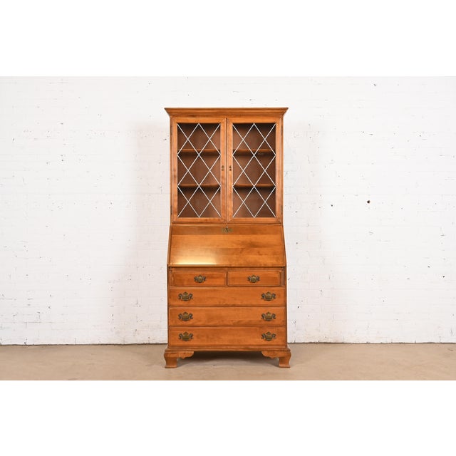 American Ethan Allen Georgian Solid Birch Drop Front Secretary Desk With Bookcase Hutch For Sale - Image 3 of 12