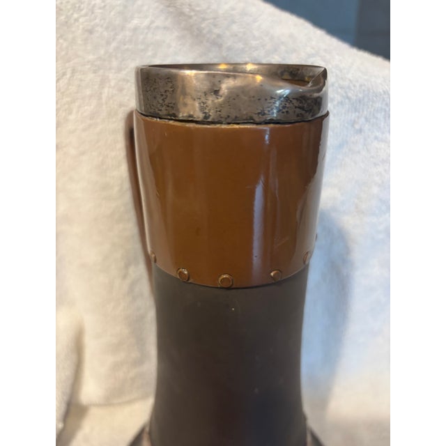 Arts & Crafts Rare Antique 1896 Royal Doulton Siliconware Stoneware Jug Copper Accents Sterling Silver Rim For Sale - Image 3 of 14