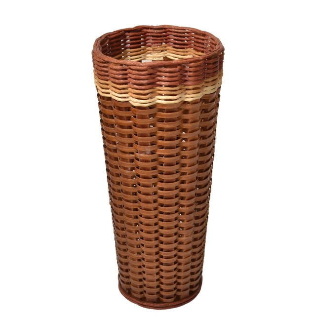 Mediterranean 1990 Natural Hand Woven Fibers Cane Bamboo Wood Umbrella Stand Floor Vase For Sale - Image 3 of 12