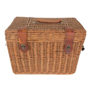 Antique Wicker Storage Basket With Lid and Leather Details For Sale