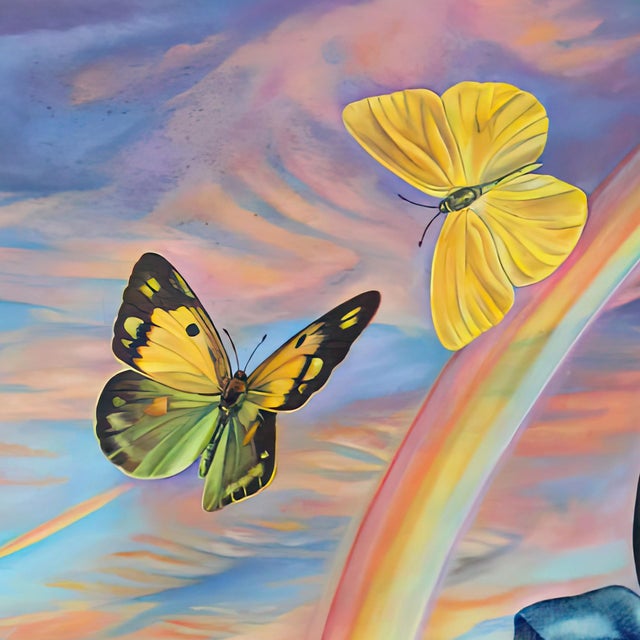 Pink Dreams by Claudia Griesbach-Martucci | Oil on Artefex Duck with a bow tie and butterflies in a landscape For Sale - Image 4 of 5