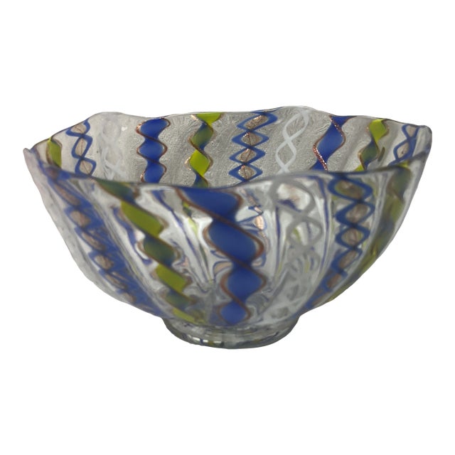Vintage Blue and Green Latticino Bowl For Sale