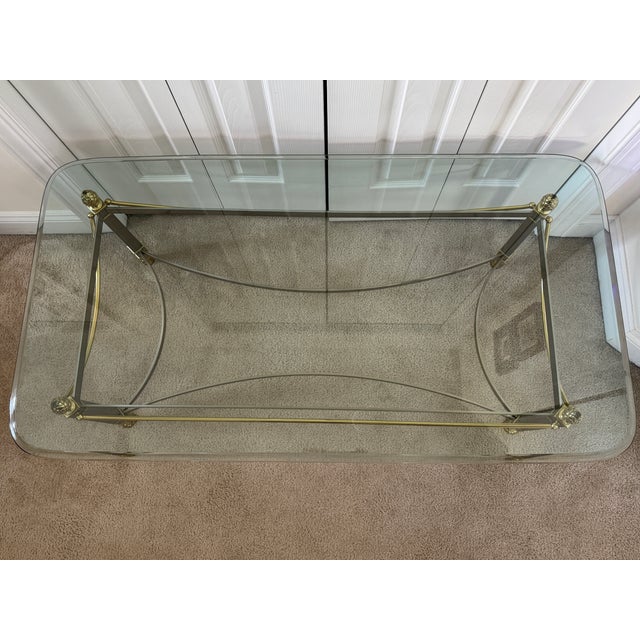 Metal 2010s Hollywood Regency Italianate Brass, Iron & Chrome Glass Top Coffee Table For Sale - Image 7 of 17