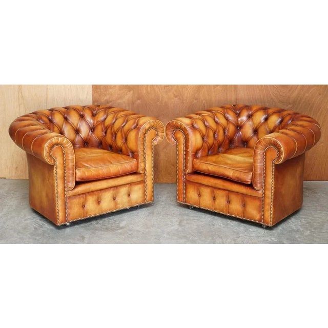 A stunning vintage restored chesterfield cigar brown leather library suite a very rare find, i never come across original...