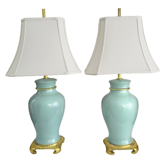 Christopher Spitzmiller, Inc Lamps Pair Turquoise Porcelain & Brass Ginger Jar Shape For Sale - Image 4 of 12
