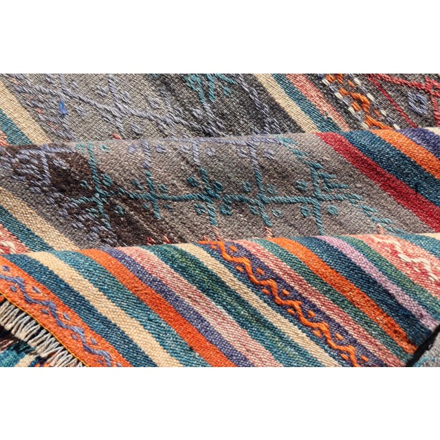 Mid 20th Century Colorful Vintage Turkish Embroidered Kilim With Stripes and Geometric Motifs For Sale - Image 11 of 12