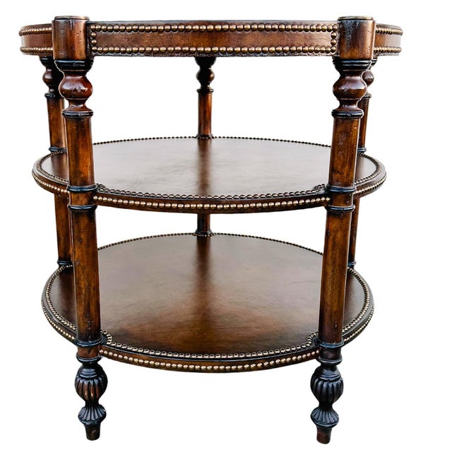 Maitland - Smith Vintage Regency Leather & Brass 3-Tier Round Center Table - Attributed to Maitland-Smith For Sale - Image 4 of 10