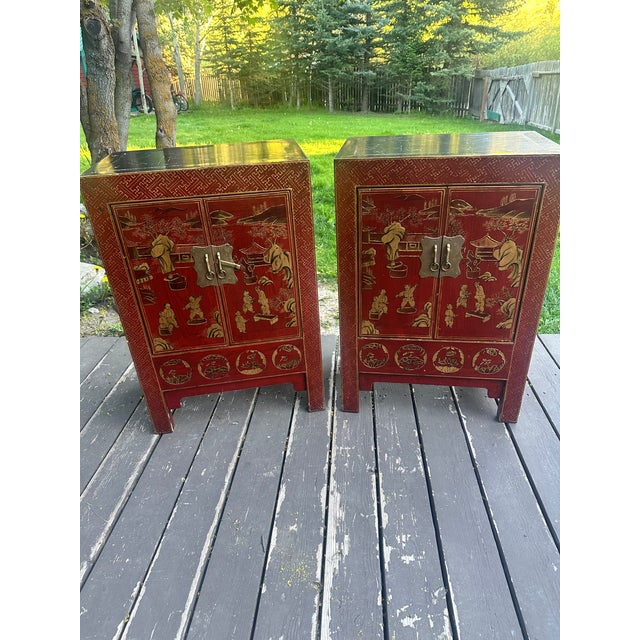 Rare Pair of 19th Century Chinese Red Lacquer Chinoiserie Cabinets For Sale - Image 12 of 16