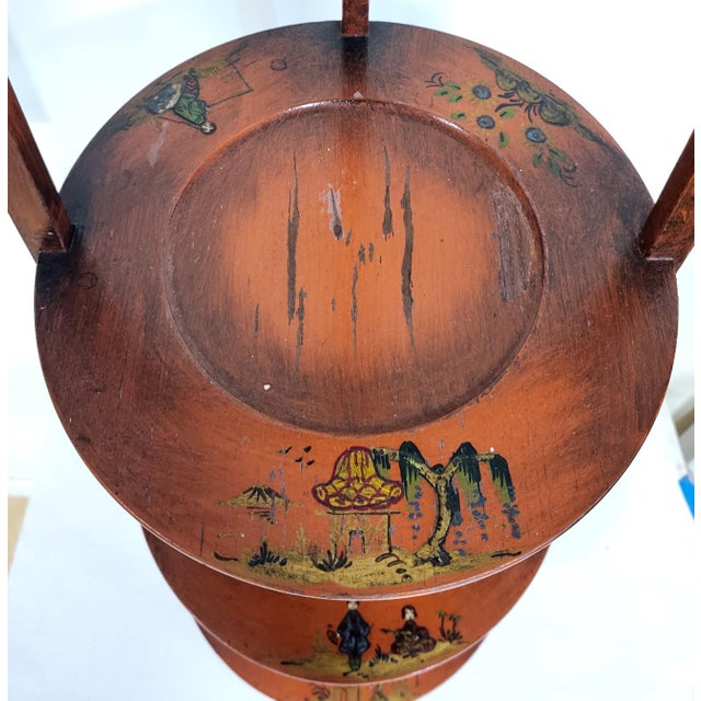 Antique English Asian Style Red & Chinoiserie Painted Muffin Stand Etegere Table For Sale - Image 10 of 14