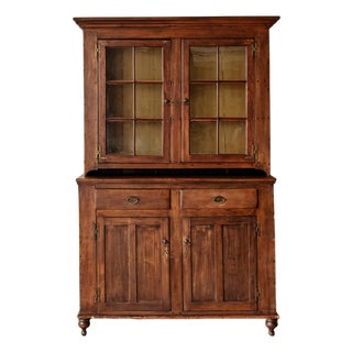 Antique American Stepback Cupboard With Wavy Glass | 1800s Pine Two-Piece Hutch With Original Painted Interior For Sale