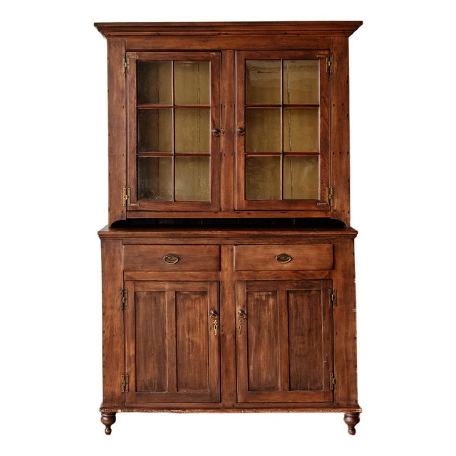 Antique American Stepback Cupboard With Wavy Glass | 1800s Pine Two-Piece Hutch With Original Painted Interior For Sale