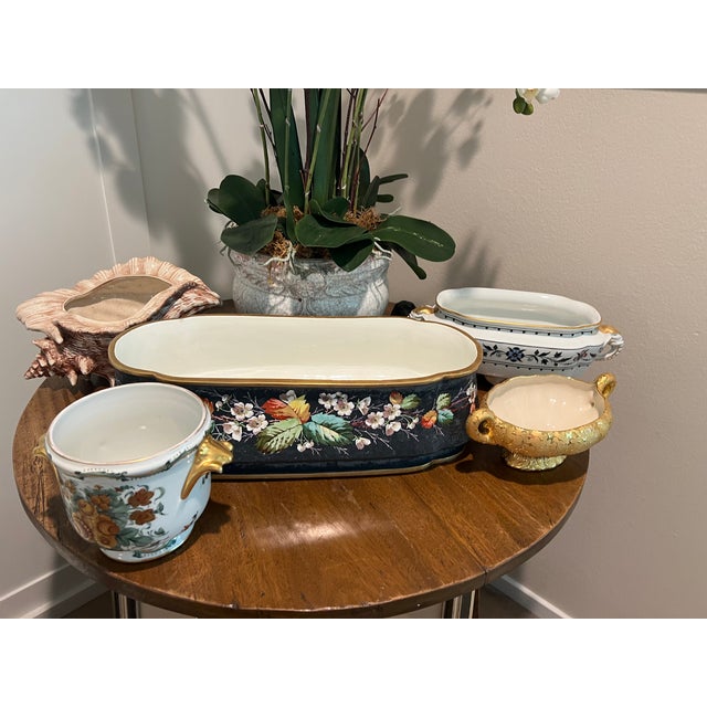 Stunning NEW Florals in Antique “Napoleonic Period” French Cache’Pot , black with aqua, sage, red & white hand painted...