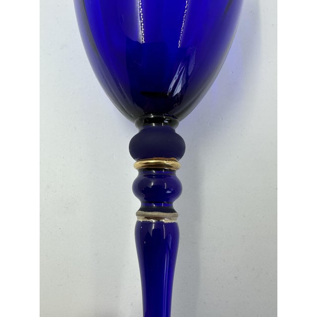 Glass Vintage Cobalt Blue Art Glass Goblets With Optical Swirl & Gilded Accents – Set of 2 For Sale - Image 7 of 7
