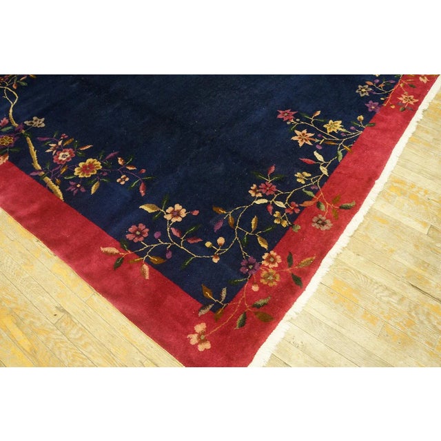 1920s Navy Blue Floral Antique Chinese Art Deco Carpet 7' 10'' X 9' 7'' Knotted Pile Wool Rug For Sale - Image 9 of 12