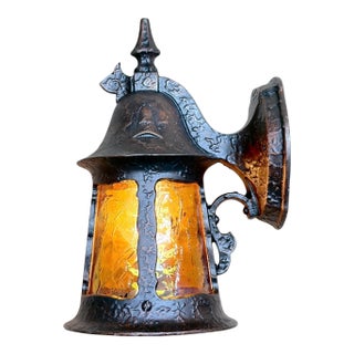1920s Storybook Outdoor Porch Light in Antique Copper Finish With Original Amber Glass Shade #2626 For Sale