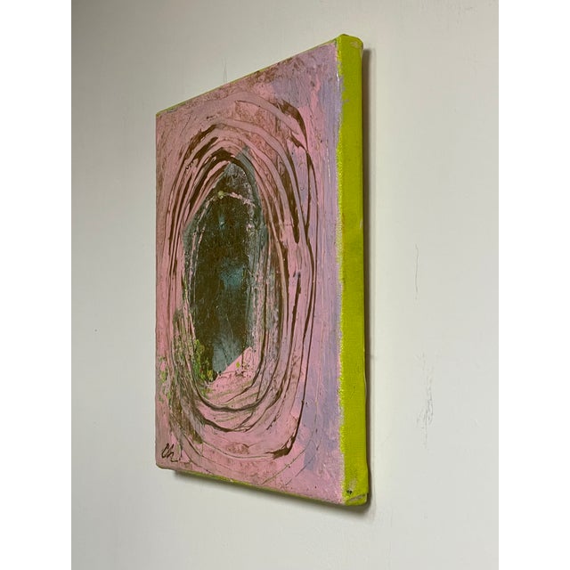 This acrylic painting was created using various paint applications and applied metallic gold foil.