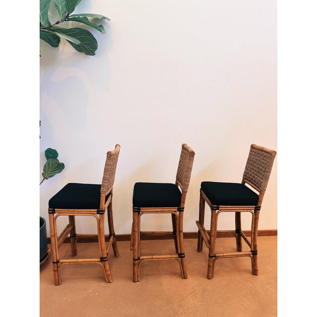 Late 20th Century Palecek Rattan + Woven Seagrass Stools - Set of 3 For Sale In San Francisco - Image 6 of 9