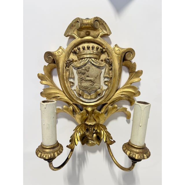 French Rococo Giltwood Armorial Two-Light Wall Sconces, 19th Century For Sale - Image 4 of 9