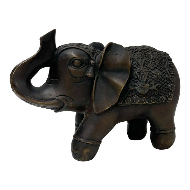 Vintage Dark Brown Metal Elephant Trunk Up Accent Figure For Sale