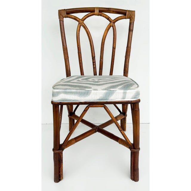 Contemporary Vintage Coastal Rattan Side Chairs With Upholstered Seat Cushions, Set of 4 For Sale - Image 3 of 12