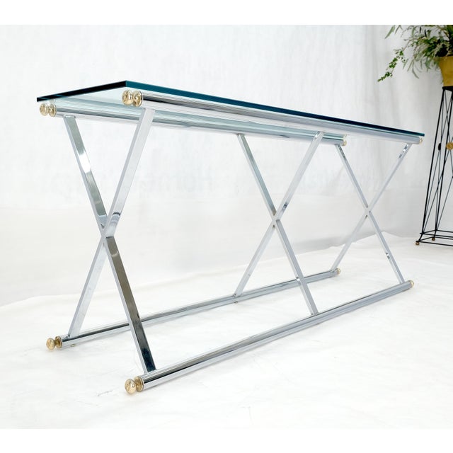 Late 20th Century Chrome X Base Glass Top 67" Long Console Sofa Table Mid Century Modern c1970s For Sale - Image 5 of 13