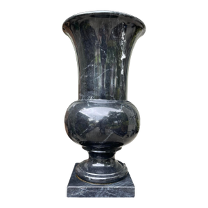 Vintage Large Sculptural Black Marble Urn Vase on Plinth Base | 17.5”