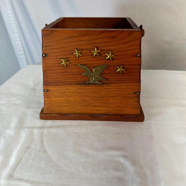 Mid century iine folk art handmade boxfarm with eagle and stars design. Measures 8” square, tapers to 6.5” square at top x...