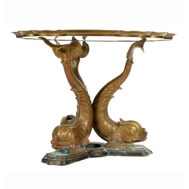 1980s 1980s Hollywood Regency Triple Dolphin Bronze Center Table With Scalloped Glass For Sale - Image 5 of 12