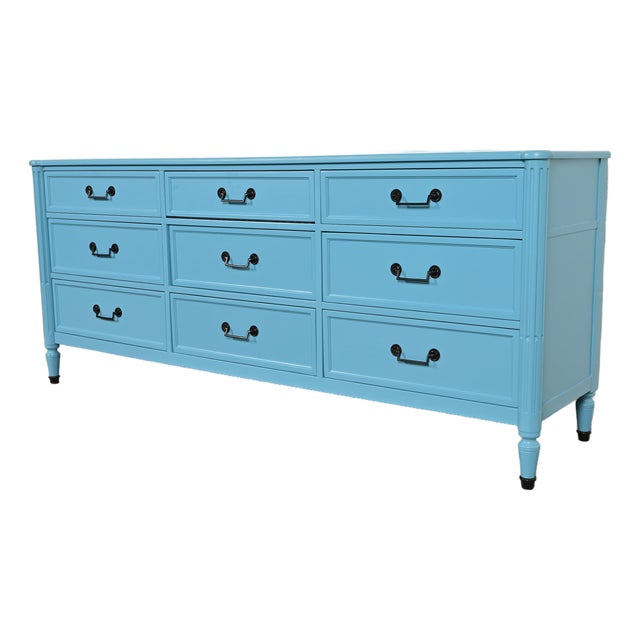 Baker Furniture French Regency Louis XVI Cerulean Blue Lacquered Dresser or Credenza, Circa 1960s For Sale