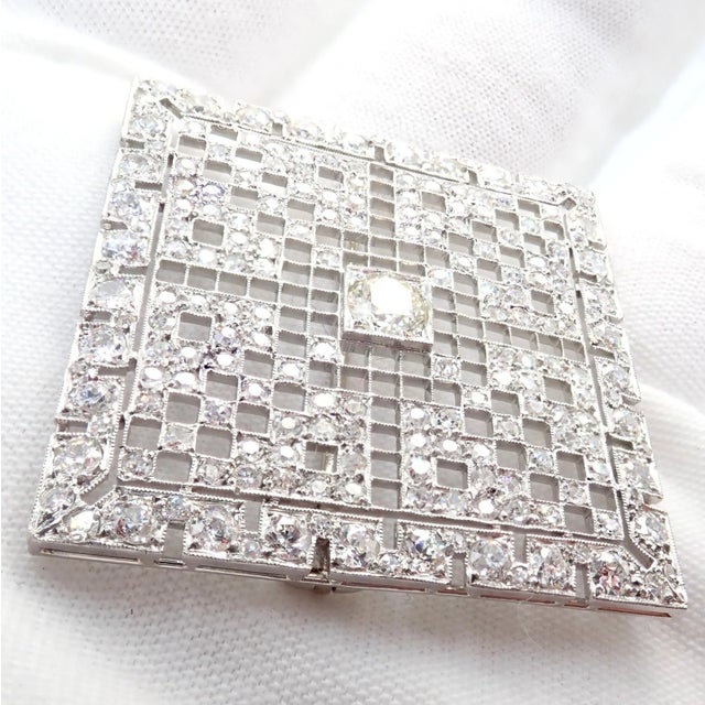 Metal Mid 20th Century Vintage Estate Art Deco Platinum 5ctw Diamond Square Pin Brooch For Sale - Image 7 of 9