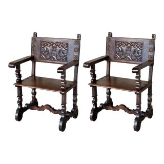 19th Century Spanish Colonial Altar Carved Armchairs With Wood Seat & Back For Sale