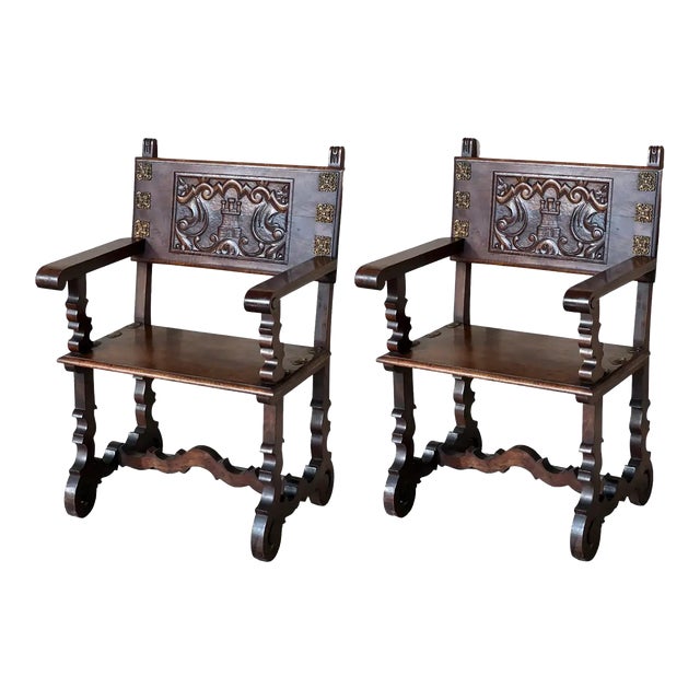 19th Century Spanish Colonial Altar Carved Armchairs With Wood Seat & Back For Sale