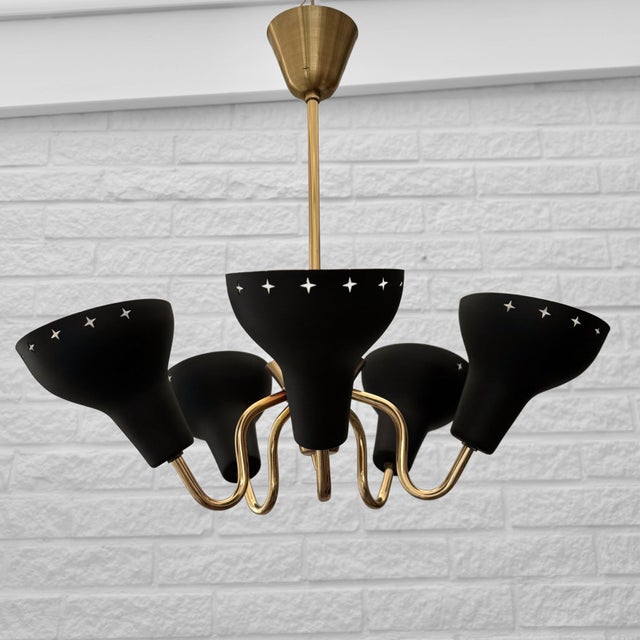 Scandinavian Modernist Five Arms Chandelier in Steel and Brass, Sweden, 1950s For Sale - Image 13 of 13