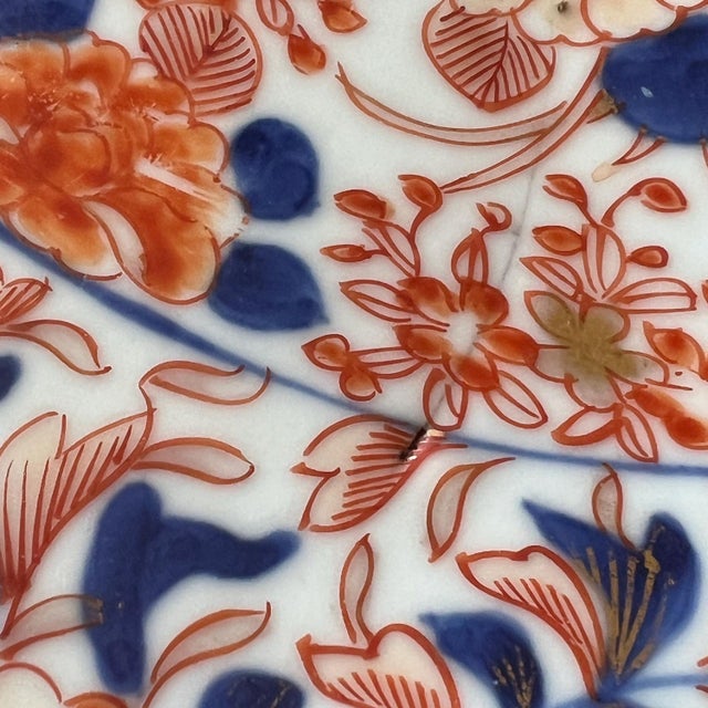 Japanese Hand-painted antique Imari leaf plate in fan and flower design // Arita plate // decorative plate // gilt edge // blue and white with orange For Sale - Image 3 of 17