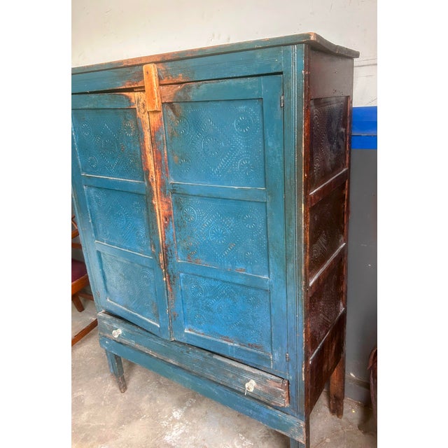 Antique Blue Painted Distressed Pie Safe Tall Cupboard For Sale - Image 11 of 12