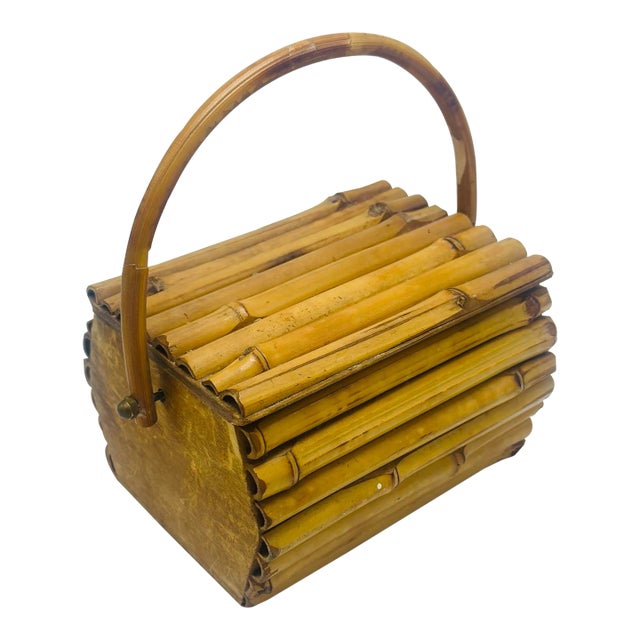 Vintage Bamboo Lidded Basket For Sale