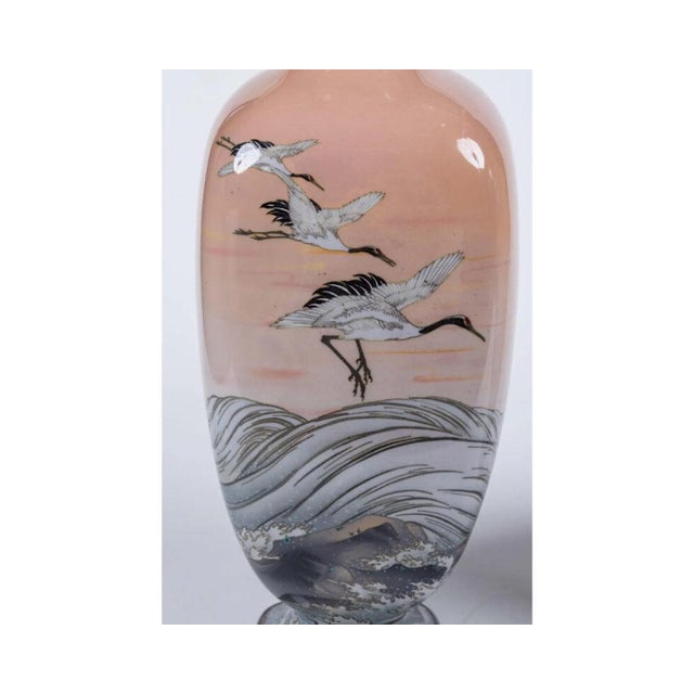 A Large Pair of Japanese Cloisonne Pink-Ground Vases Featuring Sunset and Cranes For Sale - Image 11 of 15