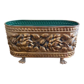 English Brass Repoussé Rose Cachepot With Paw Feet, Mid-20th Century For Sale
