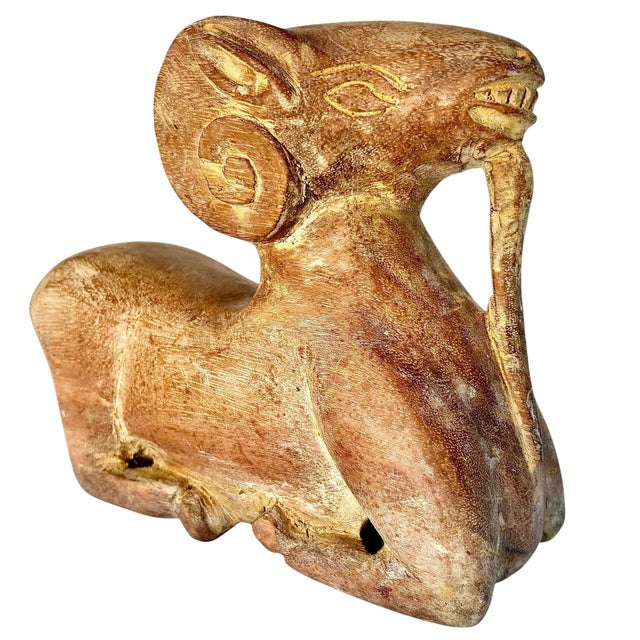 Tribal Wood Carved Stylized Ram Sculpture Tribal-Inspired Folk Art For Sale - Image 3 of 9