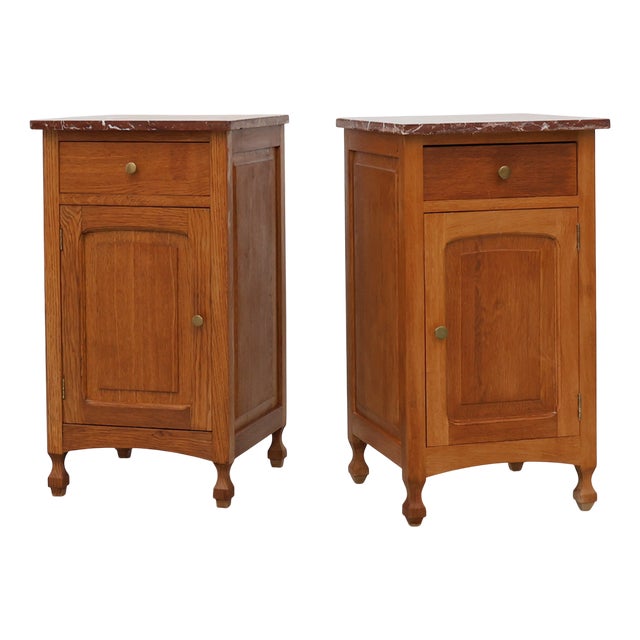 Art Deco French Oak Nightstands with Marble Tops, 1930s, Set of 2 For Sale