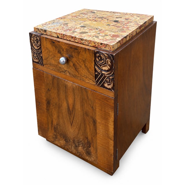 Art Deco Walnut Dressing Table Set with Marble Top and Bedside Table, 1930s, Set of 2 For Sale - Image 9 of 15