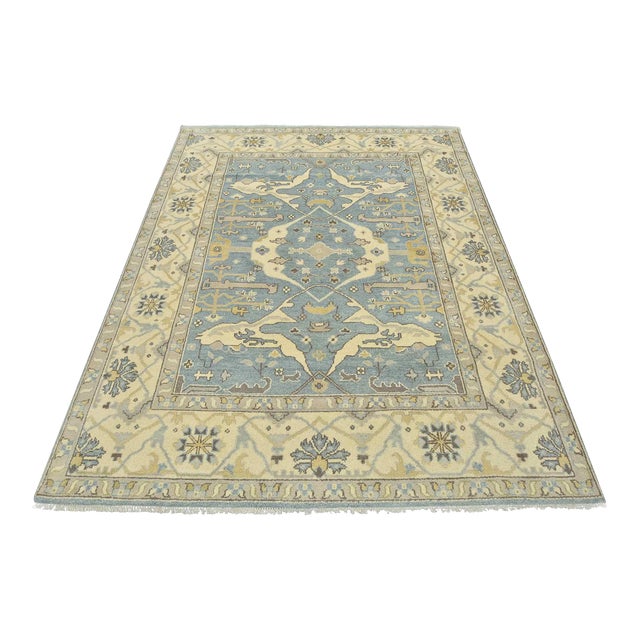 Oushak Rug 8’2” X 10′ Blue Wool Hand-Knotted Carpet For Sale