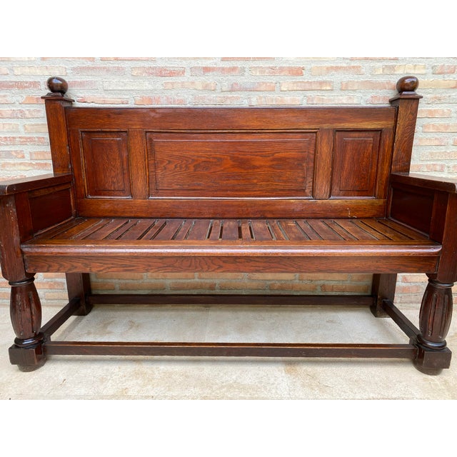 Antique Spanish Oak Bench With Paneled Back and Turned Legs For Sale - Image 6 of 14