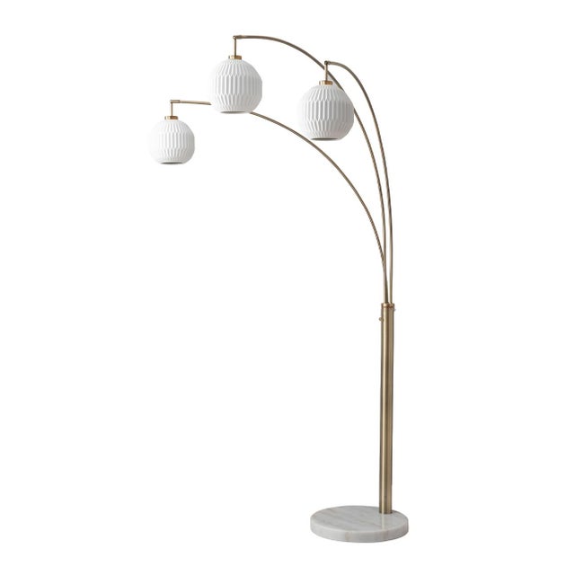 1960s Nova of California Moraga 3 Light Arc Floor Lamp, Bone Porcelain, Weathered Brass & Walnut, 4-Way Rotary Switch, Marble Base For Sale In Los Angeles - Image 6 of 11