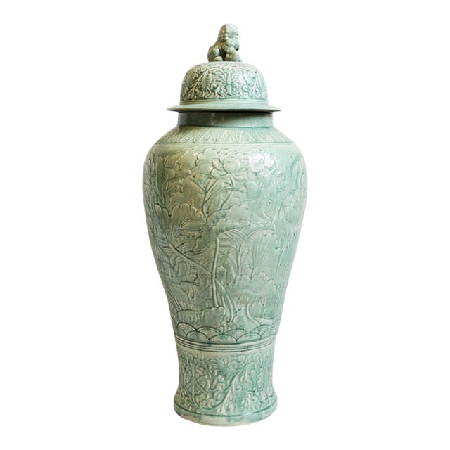 Vintage Mid 20th Century Pale Green Tall Porcelain Urn For Sale