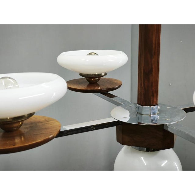 White Czech Art Deco Chrome and Opaline Glass Chandelier in Walnut, 1930s For Sale - Image 8 of 17