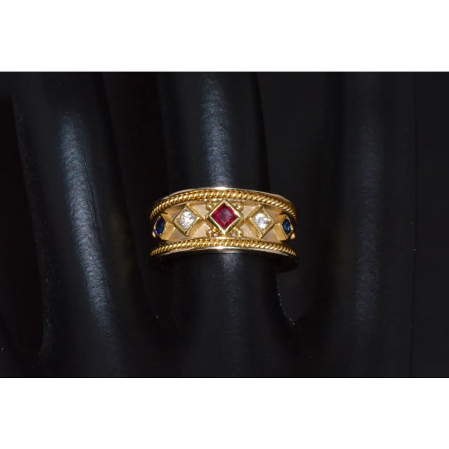 Contemporary Gorgeous Natural Diamond Ruby Sapphire 18K 750 Solid Gold Byzantine Beaded Greek Ring Band, size 6.5 For Sale - Image 3 of 10