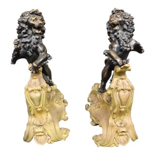 Rampant Bronze & Gilt Lion Chenets For Sale