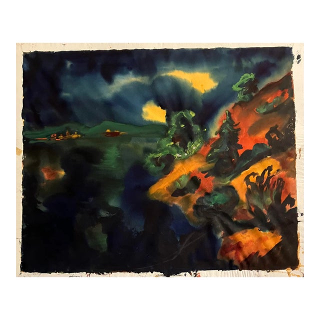 Mid Century Modern 1960’s Original Vintage Abstract Landscape Watercolor Painting Signed For Sale